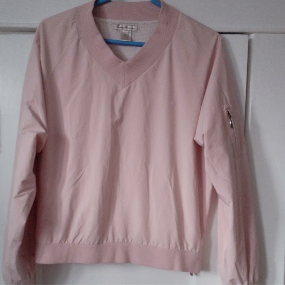 Pink windbreaker style crewneck sweatshirt by Tommy Bahama
